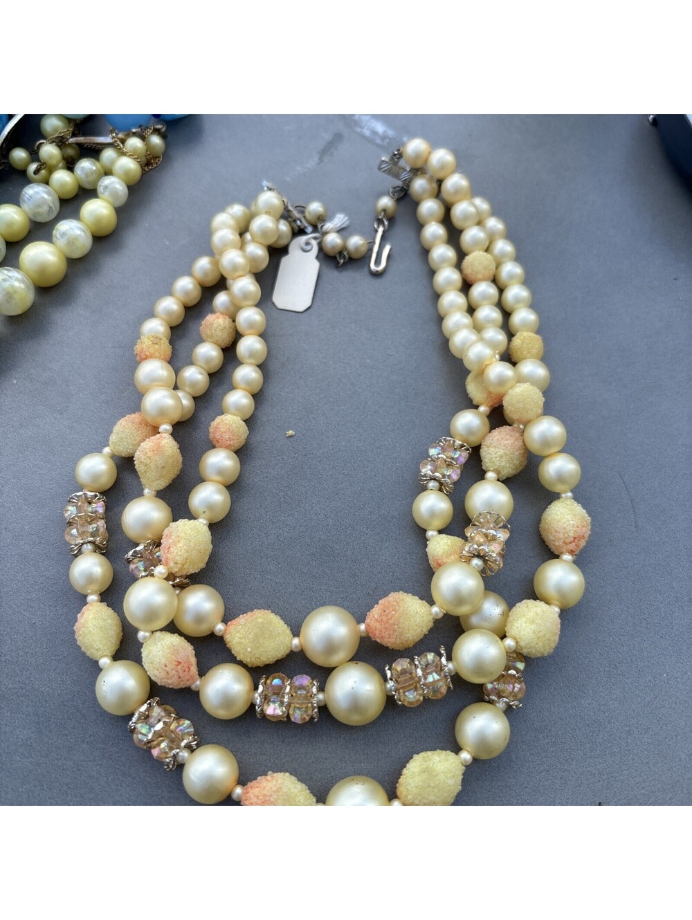 Vtg. Japan Necklace 3 Strand Pink,White Beads Sugar Textured